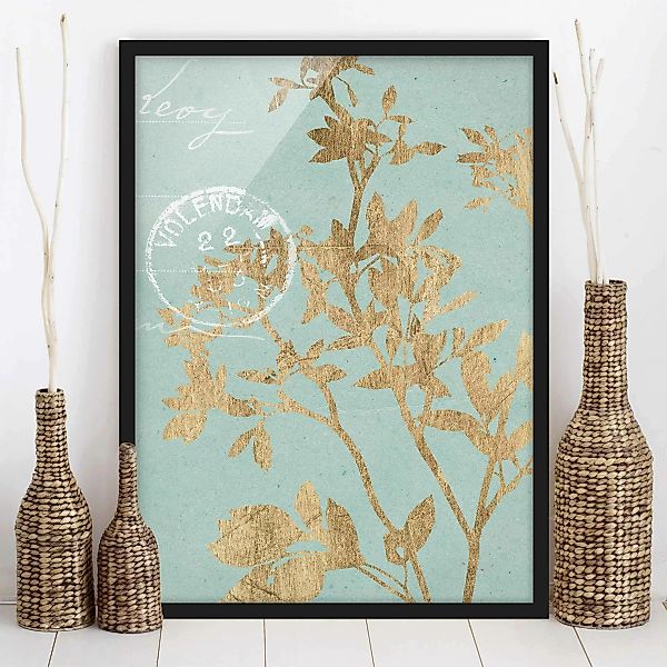 Bild mit Rahmen Blumen - Hochformat Goldene Blätter auf Turquoise II günstig online kaufen