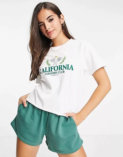 Miss Selfridge – Kurzärmliges T-Shirt in Weiß mit „California“-Print im Spo günstig online kaufen