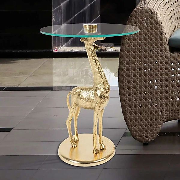 Glas Beistelltisch in Goldfarben Säulengestell in Giraffenform günstig online kaufen