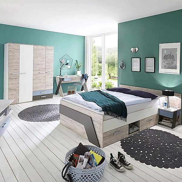 Lomadox Jugendzimmer Set mit Bett 140x200 cm und Schreibtisch 4-teilig LEED günstig online kaufen