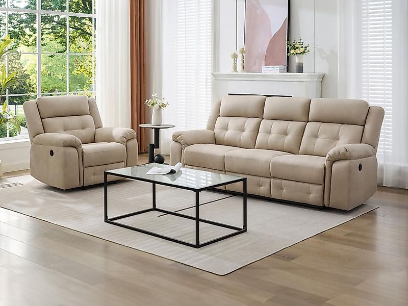Relaxsofa 3-Sitzer & Relaxsessel elektrisch - Mikrofaser - Beige - ORTIANO günstig online kaufen