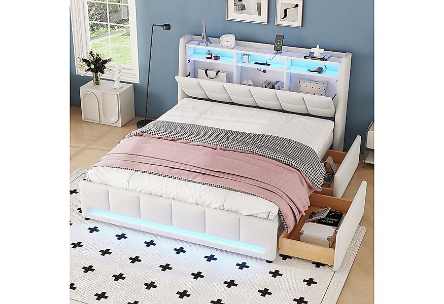 OKWISH Polsterbett Kinderbett Stauraumbett (mit USB-Ladeanschluss, LED-Ambi günstig online kaufen