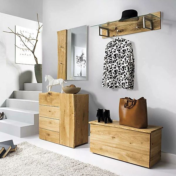 Baumkanten Garderoben Set aus Eiche Massivholz Landhausstil (vierteilig) günstig online kaufen