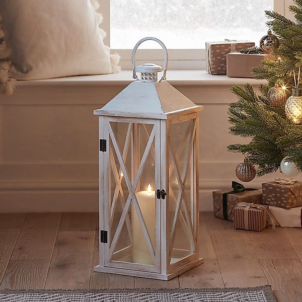 Folkestone große Holzlaterne weiß mit TruGlow® LED Kerze mit Fernbedienung günstig online kaufen