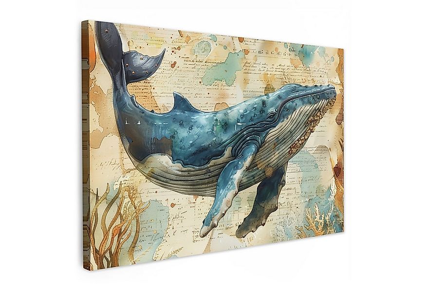 OneMillionCanvasses® Leinwandbild Vintage - Wal - Aquarell - Blau - Meerest günstig online kaufen