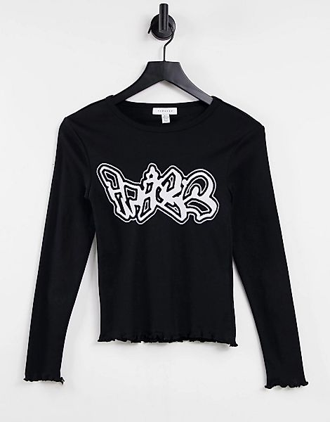 Topshop – Langärmliges Shirt in Schwarz mit Graffiti-Print in Schwarzweiß günstig online kaufen