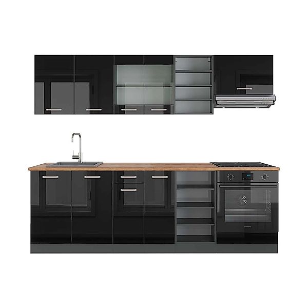 Vicco R-Line Küchenzeile Schwarz Hochglanz/Anthrazit 240 cm AP Eiche günstig online kaufen