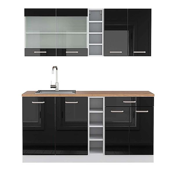 Vicco R-Line Singleküche Schwarz Hochglanz/Weiß 160 cm AP Eiche günstig online kaufen