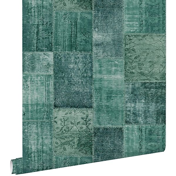 ESTAhome Tapete orientalisches-Marrakech Kelim-Patchwork Smaragdgrün 53 cm günstig online kaufen