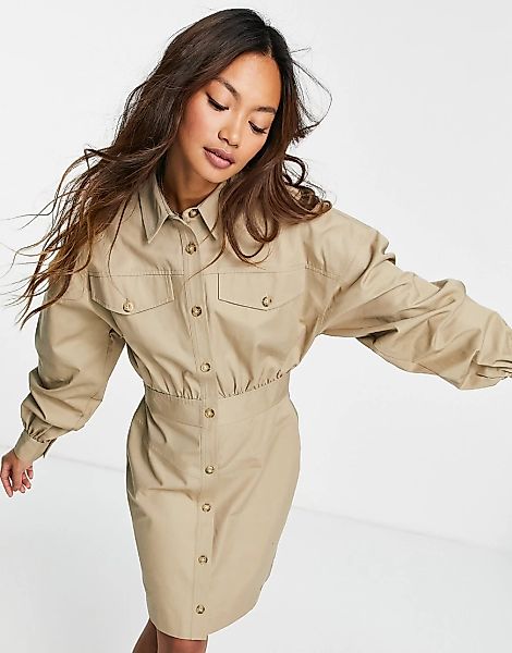 ASOS DESIGN – Kurzes Bodycon-Hemdkleid aus Twill in Braun mit Ziernähten-Ne günstig online kaufen