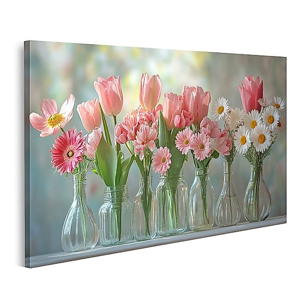 islandburner Leinwandbild Bunte Frühlingsblumen in Glasvasen günstig online kaufen