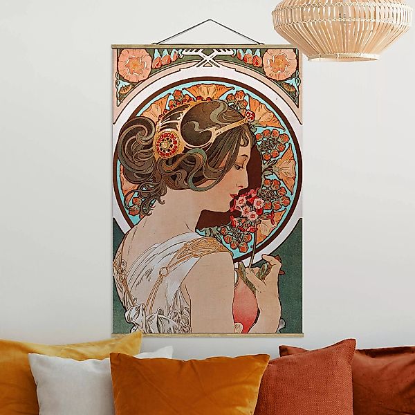 Stoffbild Blumen mit Posterleisten - Hochformat Alfons Mucha - Schlüsselblu günstig online kaufen