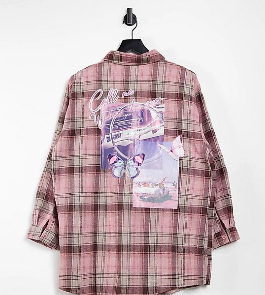 Missguided Petite – Kariertes Oversize-Hemd mit Grafik in Rosa günstig online kaufen