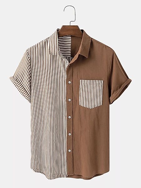 Mens Design Contrast Striped & Patchwork Brusttasche Casual Shirts günstig online kaufen
