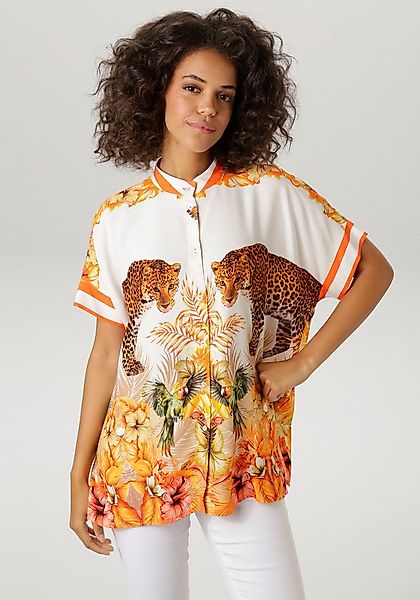 Aniston CASUAL Kurzarmbluse mit Leoparden, tropischen Vögeln, Blüten + Blät günstig online kaufen
