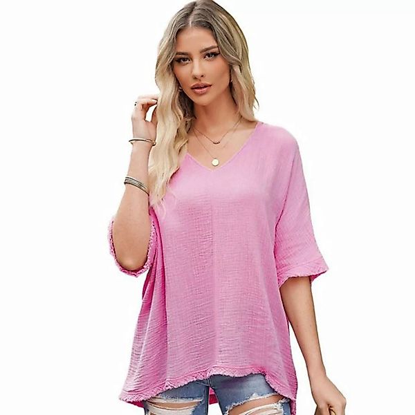 FIDDY Langarmshirt Damen Bluse V-Ausschnitt Musselin Shirt Oberteil Longshi günstig online kaufen