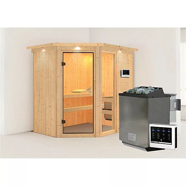 Karibu Sauna Freyja 1 mit Bio-Ofen externe Stg.LED-Dachkranz Natur günstig online kaufen