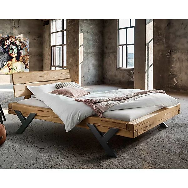 Balkenbett aus Wildeiche Massivholz 42 cm Einstiegshöhe günstig online kaufen