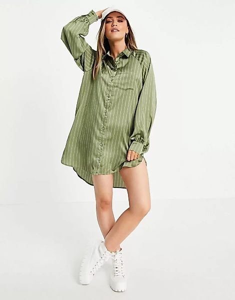Lola May – Oversize-Hemdkleid in Khaki gestreift mit nach hinten abfallende günstig online kaufen