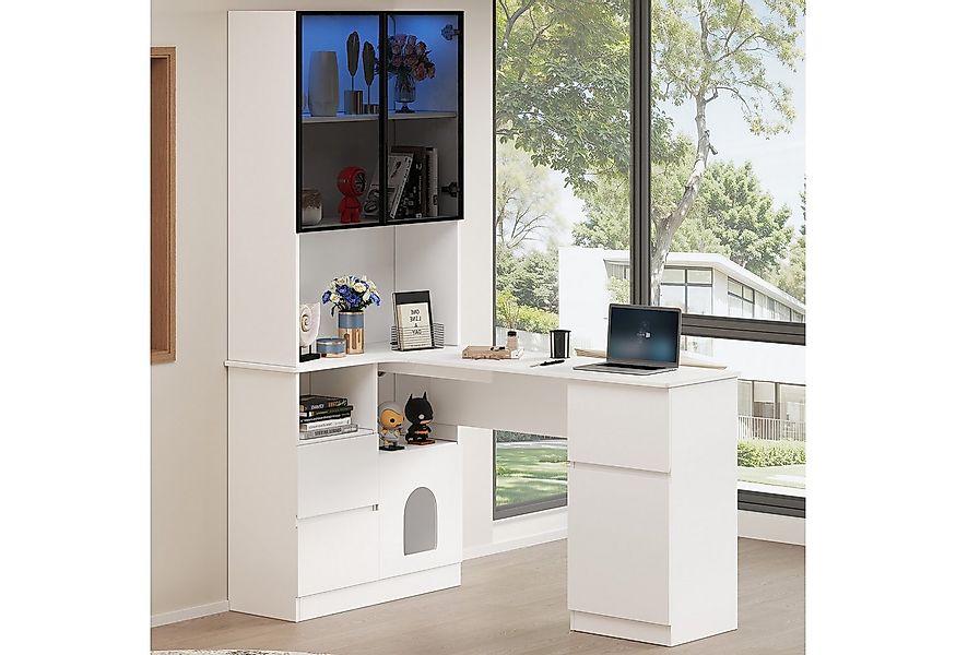 Flieks Eckschreibtisch L-förmig Arbeitstisch mit LED-Glasvitrinen 2-in-1 We günstig online kaufen
