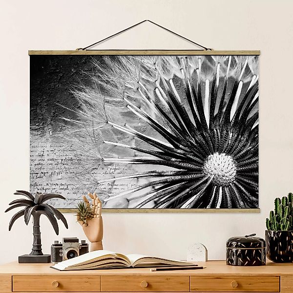 Stoffbild Blumen mit Posterleisten - Querformat Pusteblume Schwarz & Weiß günstig online kaufen