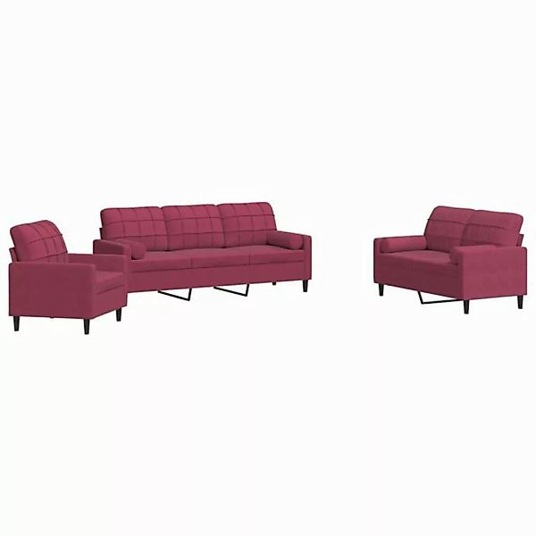 vidaXL Sofa, 3-tlg. Sofagarnitur mit Kissen und Nackenrollen Weinrot Samt günstig online kaufen