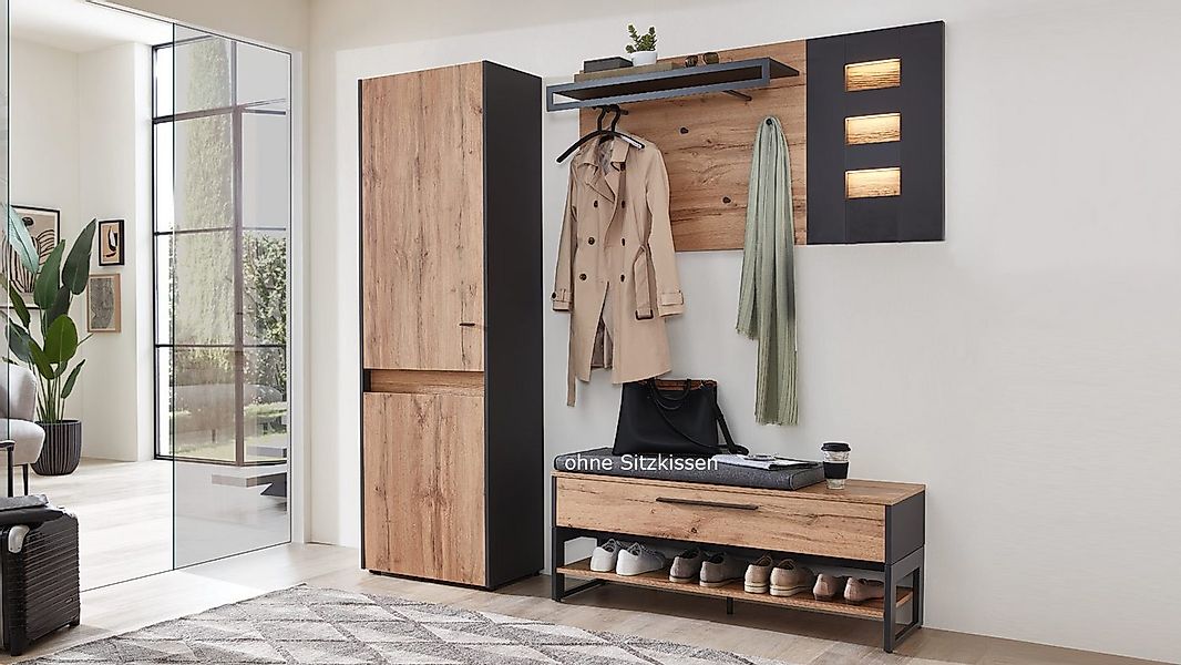 Möbel Akut Garderoben-Set Garderobe Light Line 10 Eiche Votan Schiefer Set günstig online kaufen