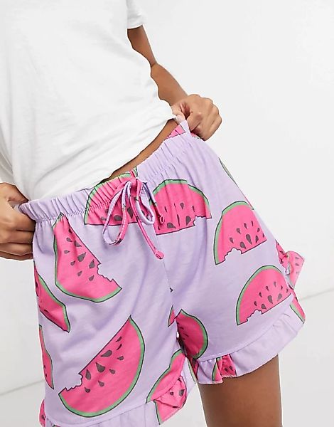 Outrageous Fortune – Nightwear-Shorts in Schwarz mit Rüschen und Wassermelo günstig online kaufen