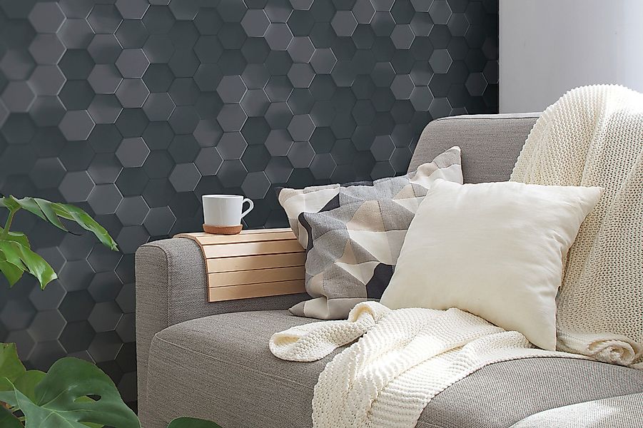 Bricoflor 3D Tapete anthrazit Ideal für Büro und Schlafzimmer Hexagon Tapet günstig online kaufen