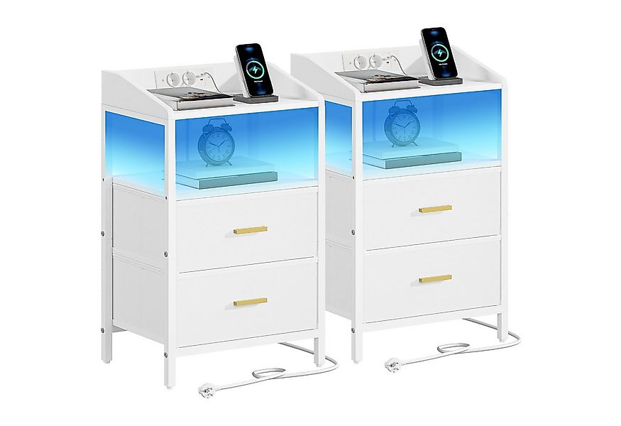 HZUANERI Nachttisch mit LED-Licht USB-Anschlüssen Steckdosen 2 Stoffschubla günstig online kaufen