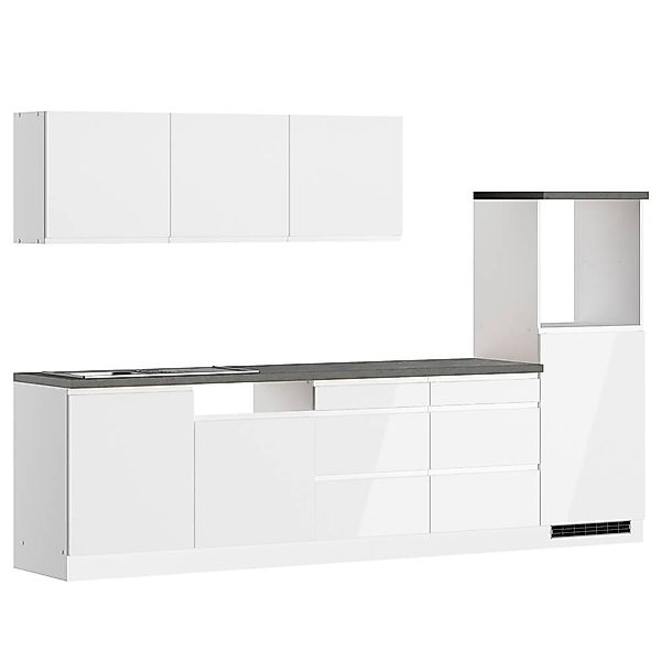 Küchenzeile 300 cm in Hochglanz weiß, Arbeitsplatte Betonoptik MARSEILLE-03 günstig online kaufen