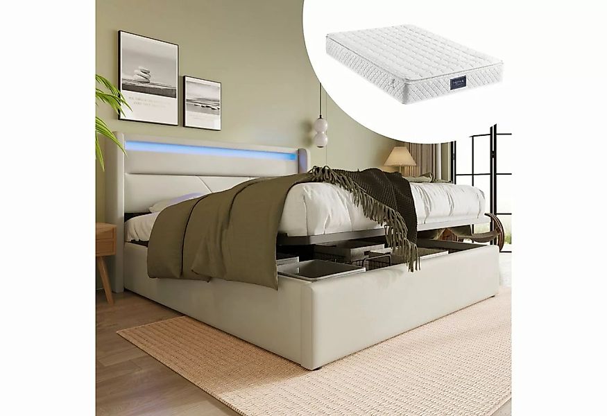 REDOM Polsterbett Doppelbett Bettgestell Stauraumbett mit LED-Beleuchtungsl günstig online kaufen