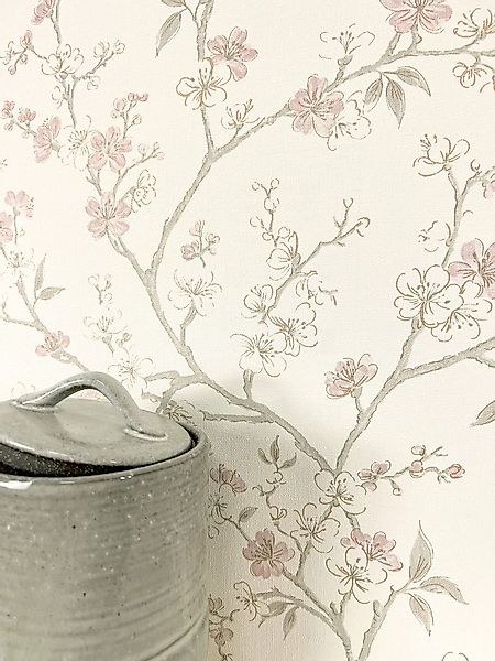 Newroom Vliestapete, Weiß Tapete Floral Kirschblüten - Blumentapete Vintage günstig online kaufen
