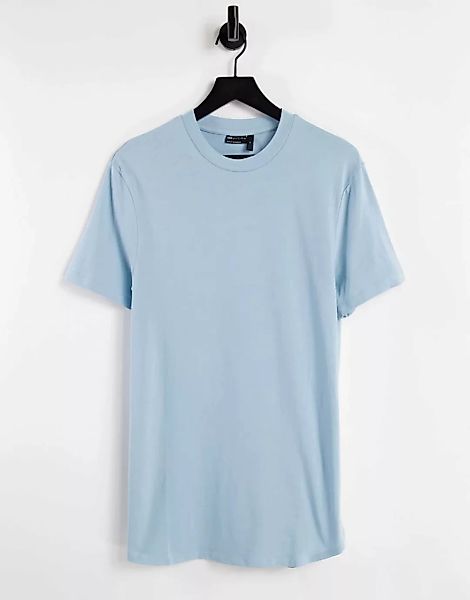 ASOS DESIGN – Langes T-Shirt in Blau mit Seitenschlitzen günstig online kaufen