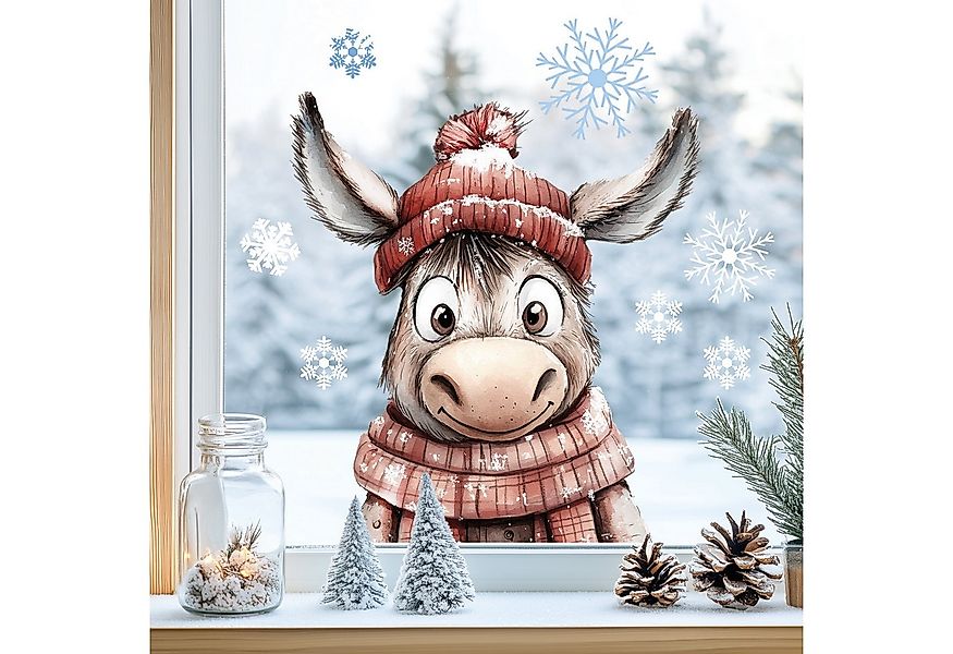 Sunnywall Fensterdekoration Kinderzimmer Fensterbild Winter Esel mit rotem günstig online kaufen