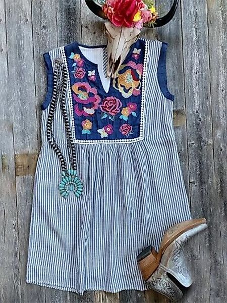 Vintage Blumendruck gestreifter ärmelloser gekerbter Hals Kleid günstig online kaufen