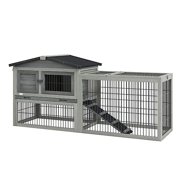 PawHut Kleintierstall mit Freigehege, Tannenholz, Grau, günstig online kaufen