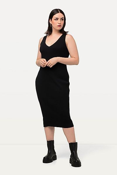 Ulla Popken Strickkleid Strickkleid Rippstrick Slim Midilänge V-Ausschnitt günstig online kaufen