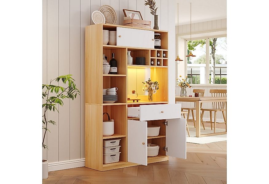 Flieks Küchenbuffet Hochschrank mit LED-Beleuchtung, Schubladen und Schiebe günstig online kaufen