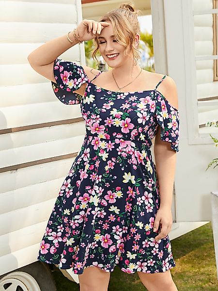 YOINS Plus Größe Spaghetti Cold Shoulder Blumendruck Midi Kleid günstig online kaufen