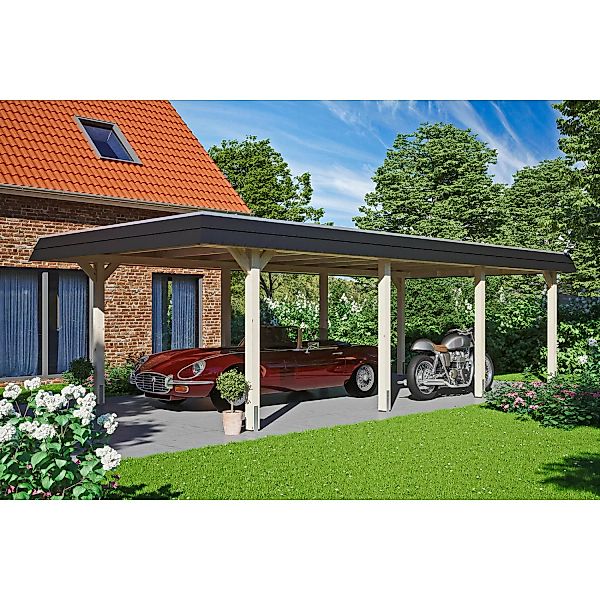 Skan Holz Carport Wendland Natur 409 x 870 cm EPDM-Dach Blende Schwarz günstig online kaufen