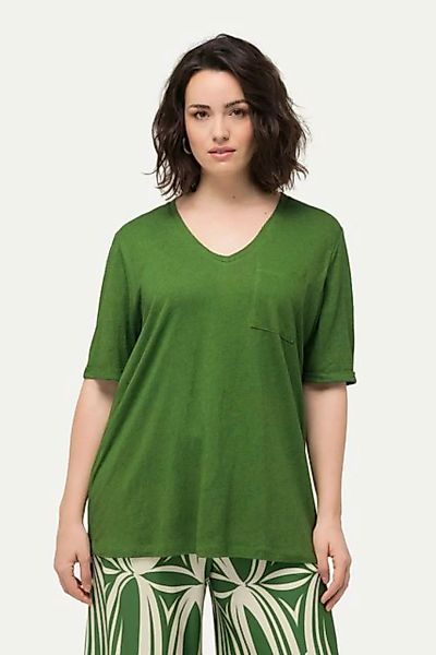 Ulla Popken Rundhalsshirt T-Shirt Struktur Brusttasche V-Ausschnitt Halbarm günstig online kaufen