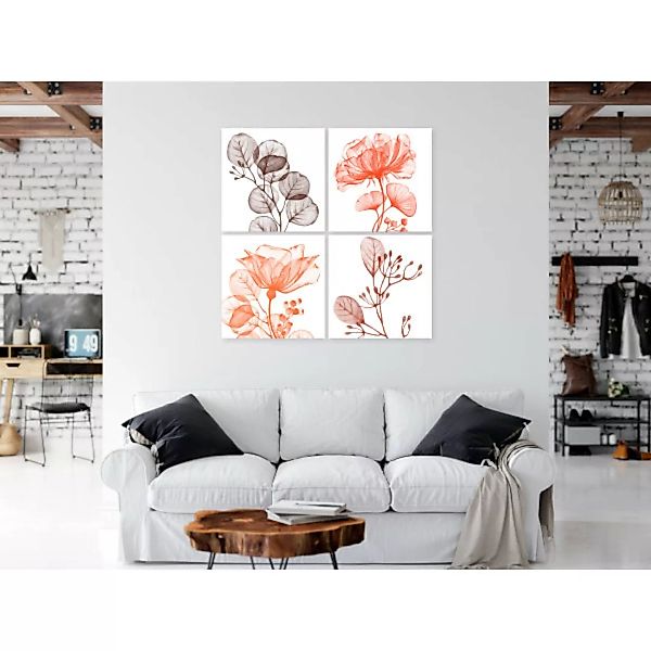 Leinwandbild 4 Blumen mit Blättern - 4-teilige Komposition auf weißem Hinte günstig online kaufen