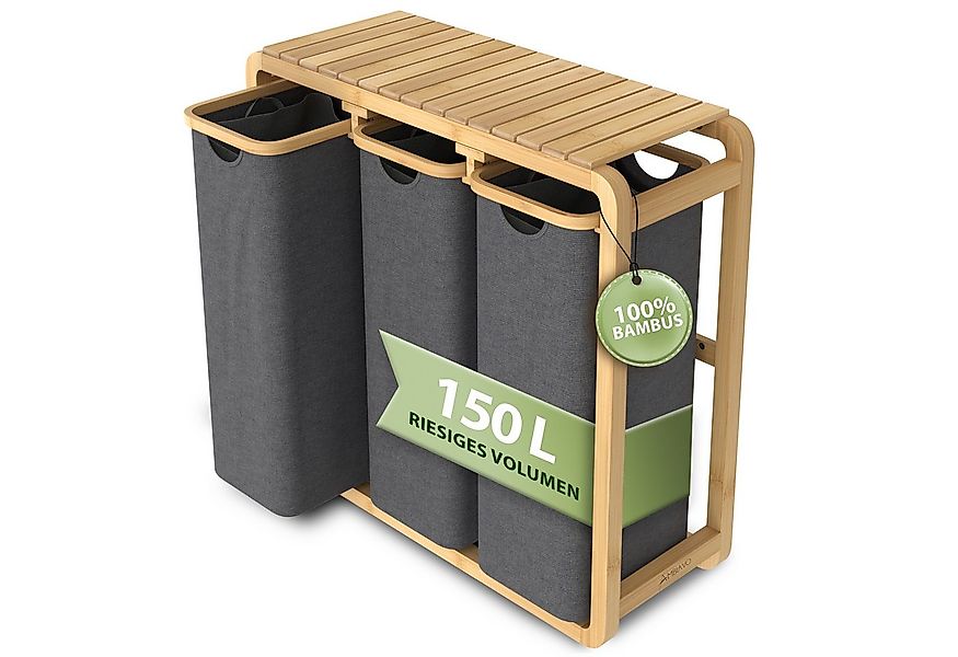 AMBIAVO Wäschekorb 3 Fächer mit waschbaren Baumwollsäcken, 150 L Volumen, s günstig online kaufen