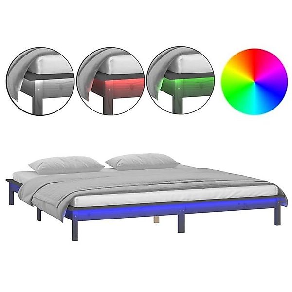 vidaXL Bettgestell Massivholzbett mit LEDs Grau 140x190 cm Bett Bettrahmen günstig online kaufen