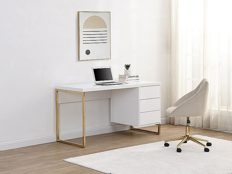 Schreibtisch mit 3 Schubladen - MDF lackiert & Metall - Weiß & Goldfarben - günstig online kaufen