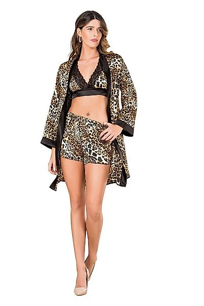 Nachthemd 3-teiliges Satin Damen-Shorty Set mit Spitze und Leopardenmuster günstig online kaufen