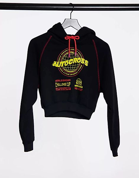 Topshop – Kapuzenpullover mit „Autocross“-Schriftzug in Schwarz günstig online kaufen