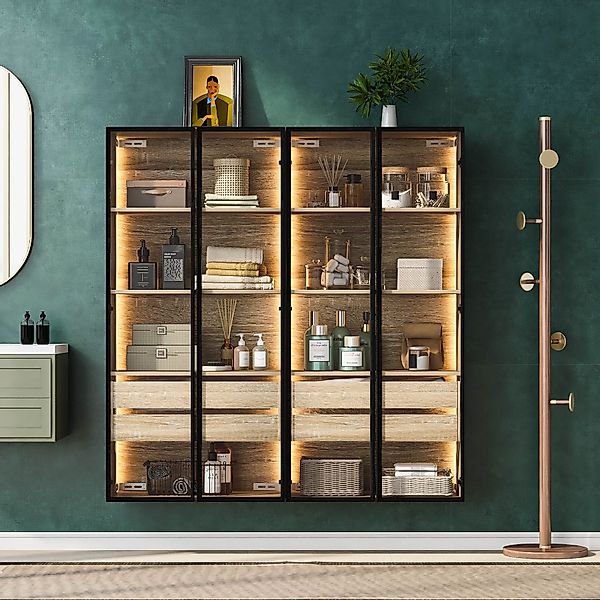 Badezimmerschrank 2er-Set LED Beleuchtung 74x36x155 cm MDF Naturfarbe 2 Sch günstig online kaufen