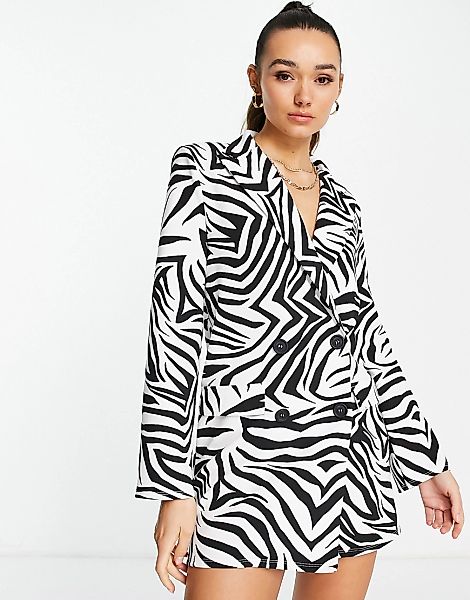 ASOS DESIGN – Kastiges Oversize-Blazerkleid mit Zebramuster in Schwarz-Weiß günstig online kaufen